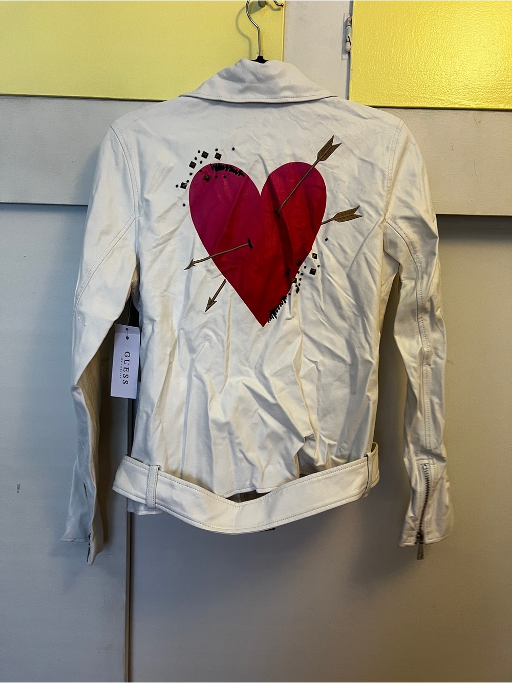 GUESS White Faux Leather Moto Jacket Heart and Arrow Graphic NWT